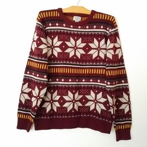 Vtg Black Smith Fair Isle Sweater Snowflake Pullover Grandpa Holiday Burgundy